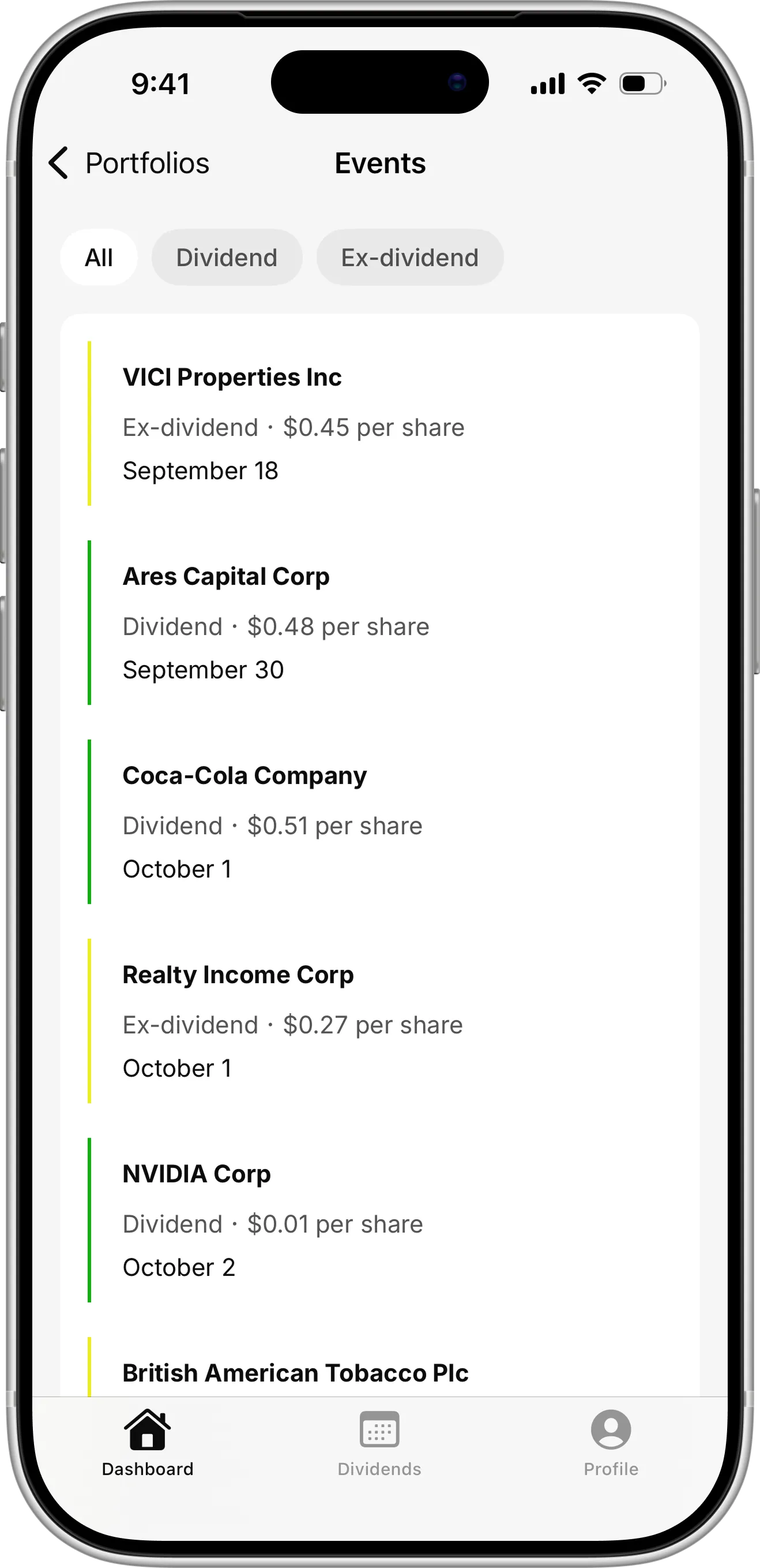 Plainzer dividend tracker app events list with upcoming ex-dividend and payment dates and the amount per share for each holding