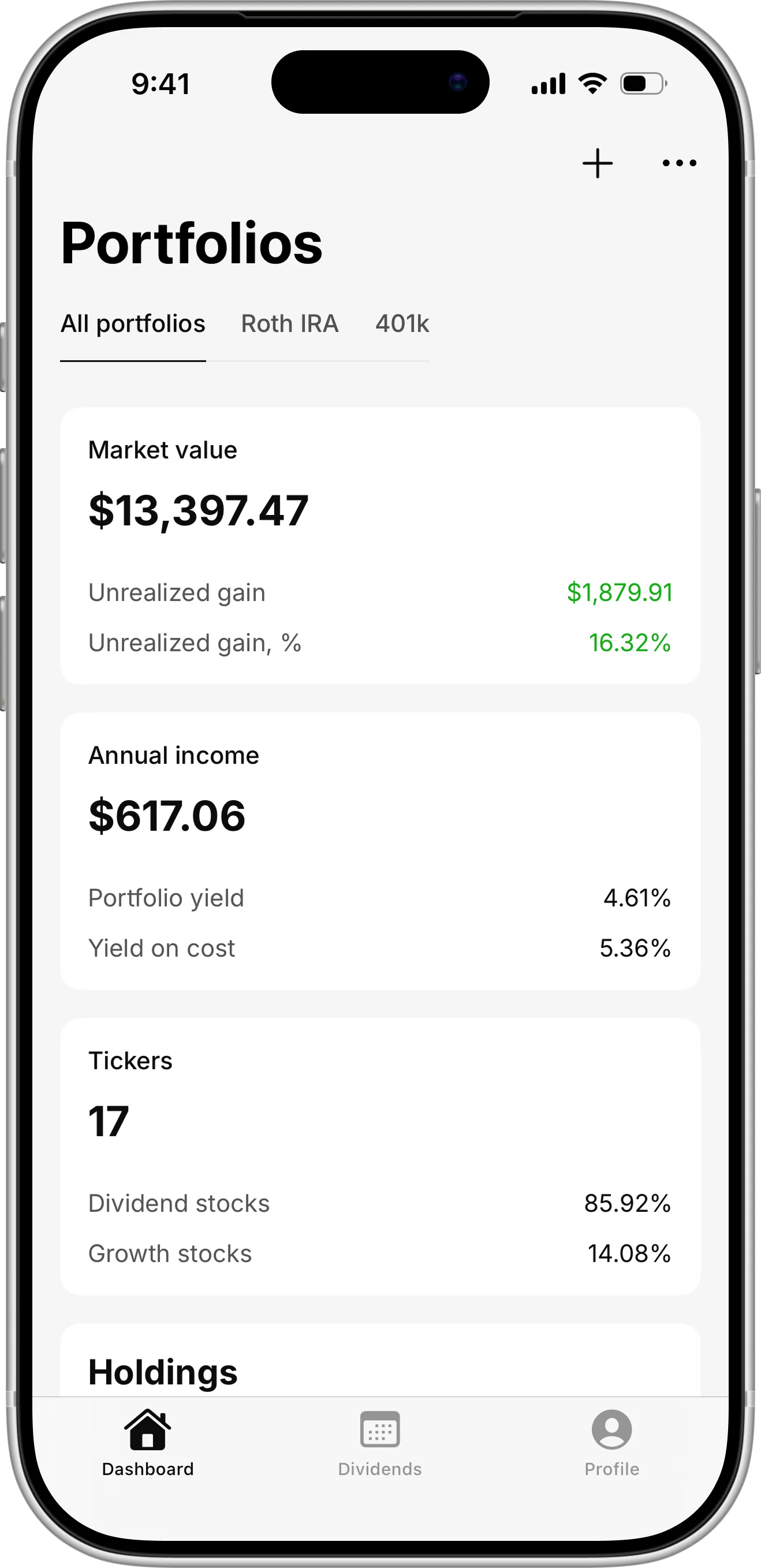 Plainzer dividend tracker app dashboard showing market value, annual dividend income, portfolio yield and yield on cost