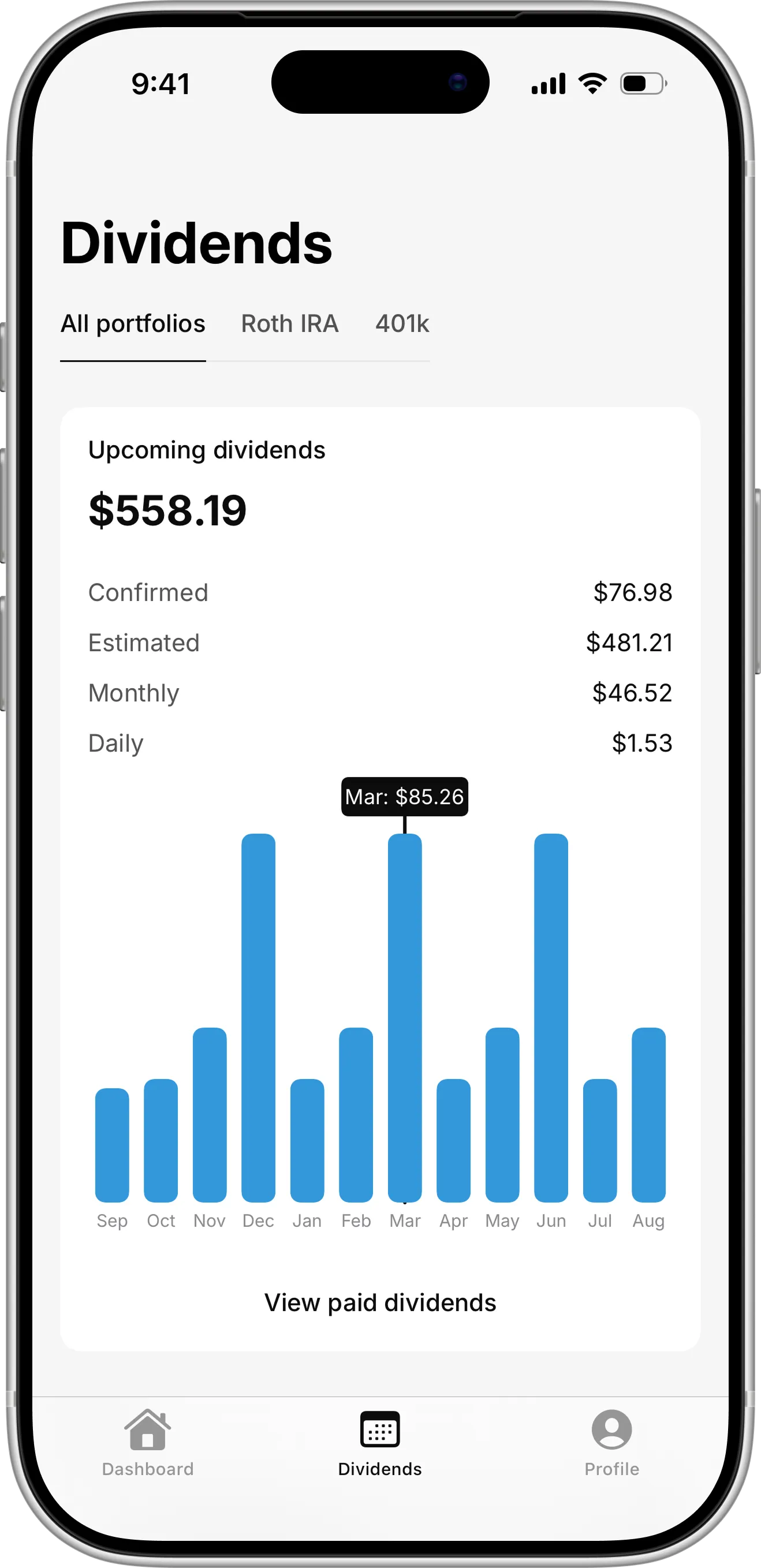 Plainzer dividend tracker app forecast of upcoming dividends for the next 12 months, split into confirmed and estimated payouts with a monthly income chart