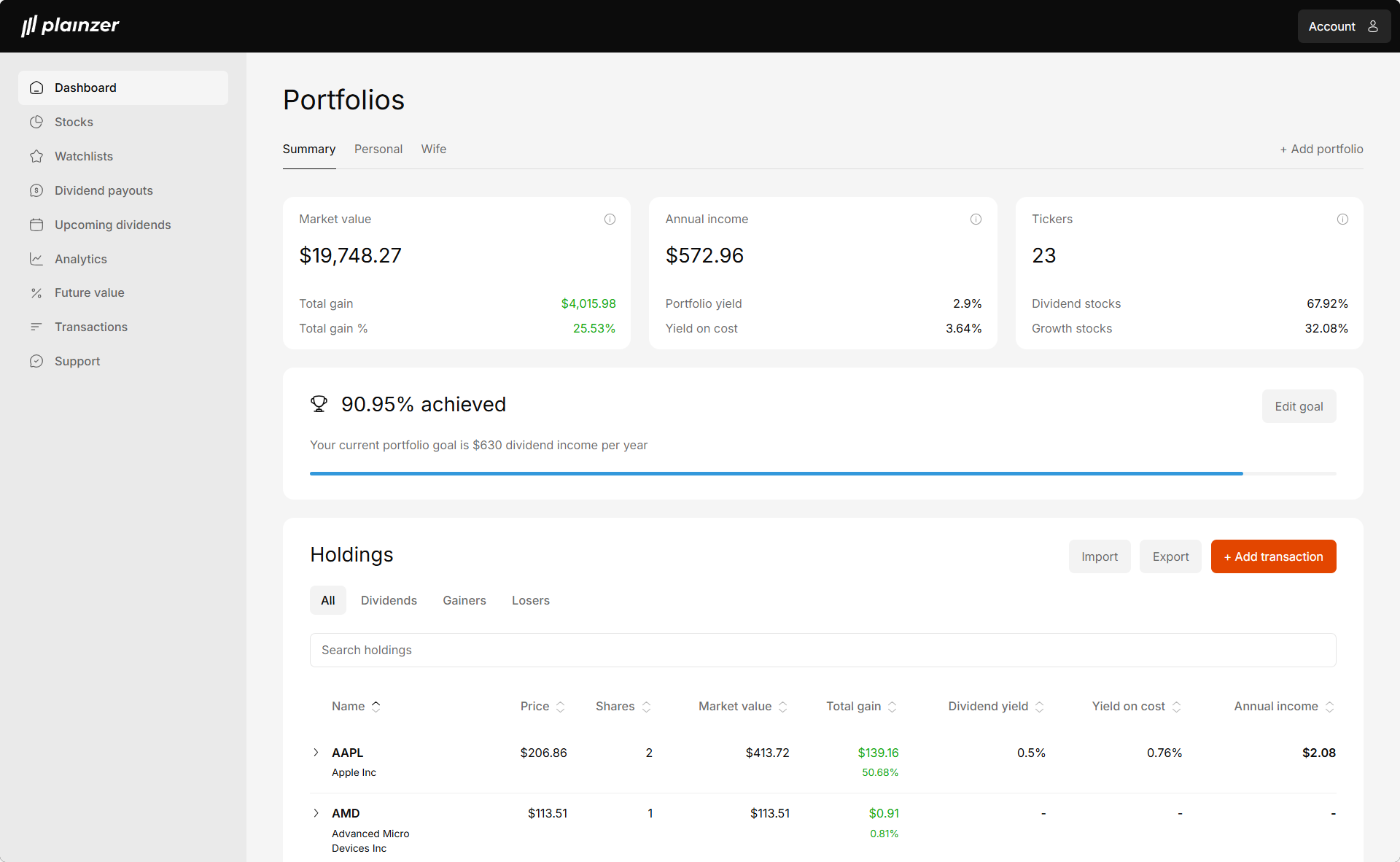Plainzer - Track and grow your dividend income effortlessly with Plainzer's intuitive portfolio dashboard and payout calendar.